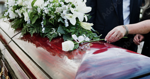 Fotografía Woman, hand and rose in cemetery with coffin, funeral service and people mourning for burial ceremony