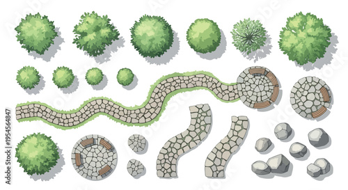 Landscape design elements in top view, garden plan vector set with trees and shrubs, stone walkway and patio paving for architectural site maps isolated PNG with Transparent Background