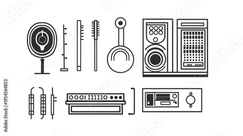 Linear and abstract illustrations in black and white, featuring instruments and equipment