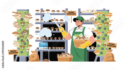 Mushroom Cultivation: A dedicated grower carefully tends to a thriving mushroom farm, meticulously harvesting a bounty of fresh, organic fungi and ensuring optimal conditions for growth.