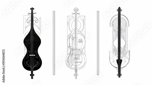 Three stylized depictions of a double bass, showcasing different visual states