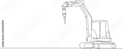 Continuous line drawing of a mini excavator with jackhammer attachment. Minimal linear illustration concept of construction work, demolition, road repair and heavy machinery. Editable stroke.