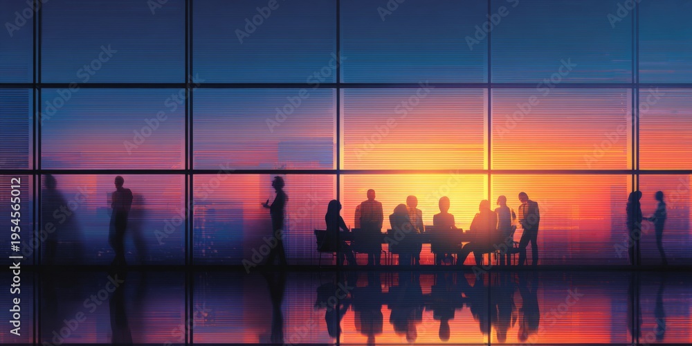 Fototapeta premium Modern Business Meeting in a Bright Conference Room with Professionals Collaborating at a Table during Sunset Hours