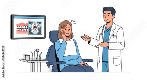 A dentist in a white coat explains to a concerned female patient in a blue outfit sitting in a dental chair with dental tools and a screen displaying teeth in the background.