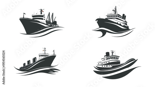 Four stylized grayscale ship illustrations, each sailing on waves, creating a dynamic maritime theme