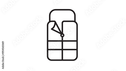 Sleeping bag icon with zipped opening and quilted sections, stylized outline drawing for camping and adventure.