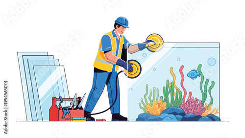 Aquarium Installer at Work: A skilled professional carefully installs a glass panel, showcasing the intricate underwater world and precision in a captivating display of craftsmanship.