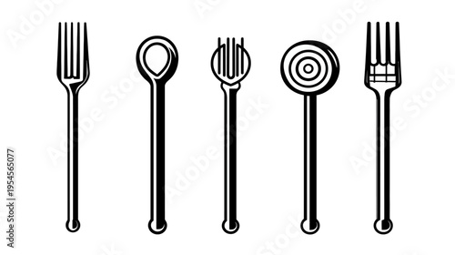 A collection of five stylized eating utensils, rendered in black and white against a plain backdrop