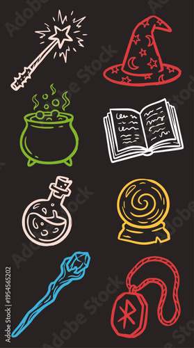 A whimsical hand-drawn vector illustration set of magic and witchcraft items: wand, hat, cauldron, book, potion, crystal ball, staff, and amulet