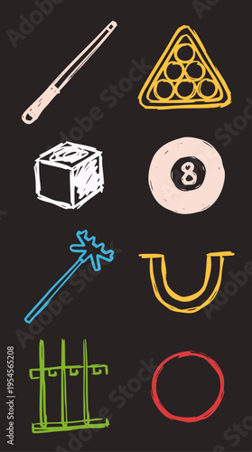Colorful hand-drawn vector doodle icons illustrating various billiard and pool game equipment in a playful sketch style, perfect for sports-themed designs and graphic artwork
