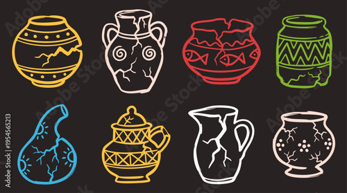Collection of ancient broken pottery and ceramic vases with decorative patterns, hand-drawn vector doodle illustration on a dark background, depicting old artifacts