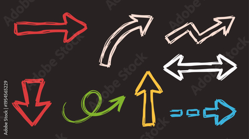 A vibrant collection of hand-drawn vector arrows in a sketchy chalk style, featuring various directions and colors on a dark background