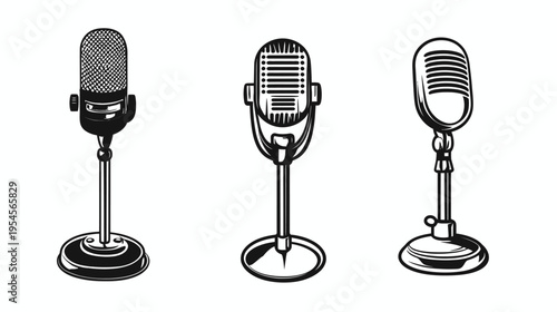 Three stylized vintage microphones, rendered in black and white, against a white background