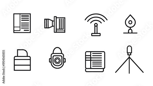 Collection of minimalist black and white line icons representing various technology-related objects