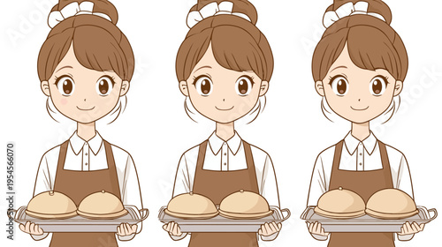 Three friendly cartoon waitresses, each holding a tray with covered food, wearing aprons