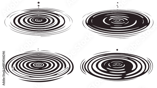 Black and white illustration of water ripples and droplets falling into the water