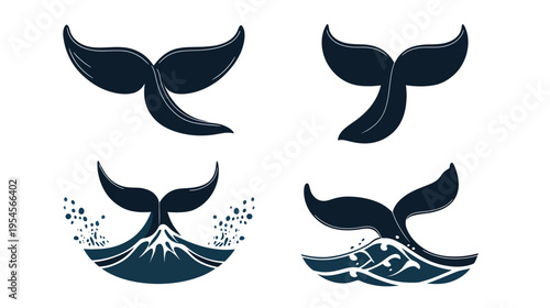 Collection of stylized whale tail illustrations, in a dark blue hue, set against a crisp white backdrop