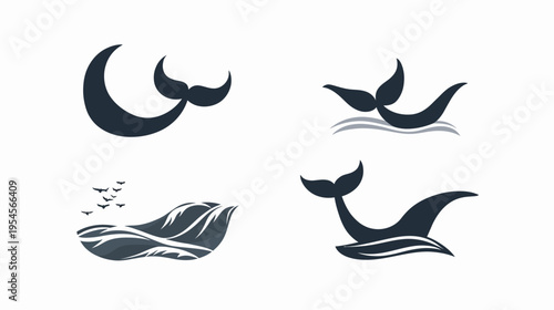 Four stylized depictions of sea creatures, including whales, dolphins, and water with birds in a minimalist style