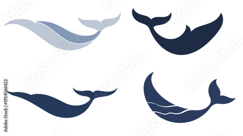 Four stylized whale illustrations in various shades of blue on a white background