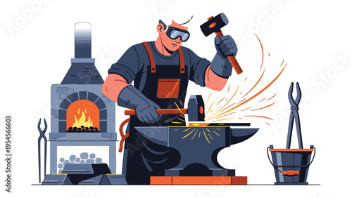 The Blacksmith's Craft: A skilled craftsman expertly works at his forge, shaping metal with precision and passion, as sparks fly.