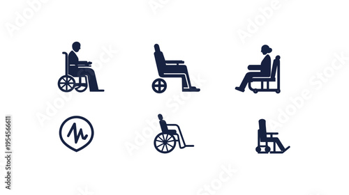 Collection of various wheelchair icons and a medical symbol, all in dark blue on a white background