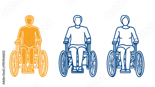 Three stylized icons depicting people seated in wheelchairs, each with a unique color scheme