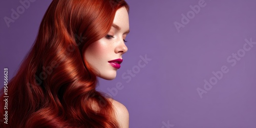 Elegant profile of a woman with long, vibrant red hair against a soft, dreamy purple background highlighting beauty and femininity in fashion photography