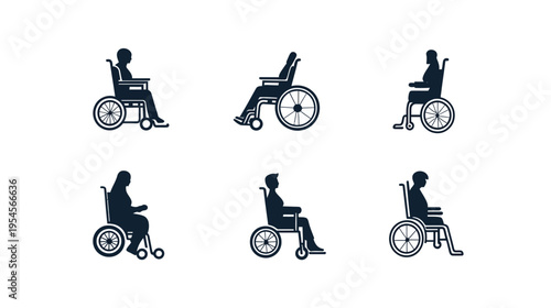 Collection of six minimalistic black silhouettes of people using wheelchairs, set on a white background
