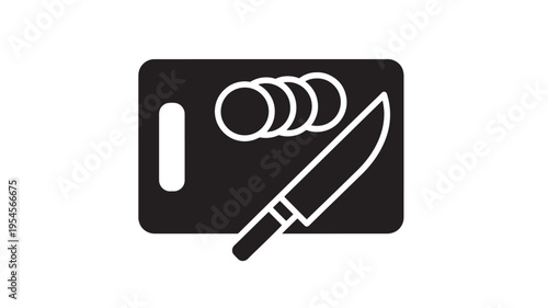 Knife and sliced circles on a cutting board icon, representing food preparation and cooking. featuring slicing, kitchen, utensil with symbol and