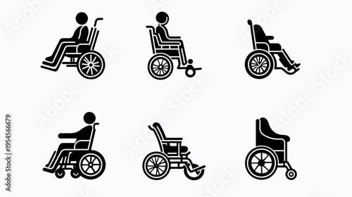 Collection of six minimalist black and white illustrations showing individuals in wheelchairs