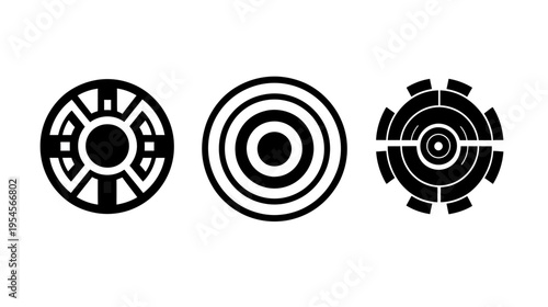 Three stylized, abstract circular designs on a white background. Each design features concentric patterns