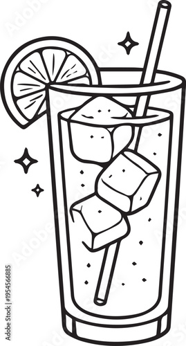 A refreshing cocktail, perfectly chilled, is elegantly presented in a classic highball glass, garnished with a slice of fresh lemon, ready to quench thirst.