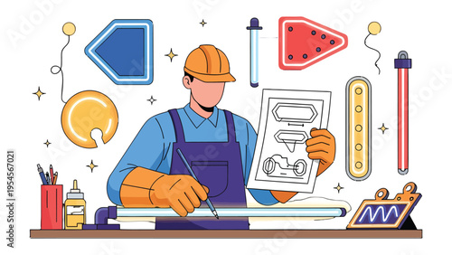 Blueprint of Builder's Vision: An illustration depicting a focused builder immersed in his craft, meticulously working on a blueprint for innovative signage, alongside the tools of his trade.