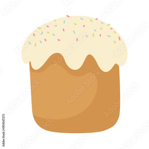 Traditional Easter cake vector illustration with white sugar glaze and colorful sprinkles festive pastry isolated on light background spring holiday bakery dessert for greeting cards and stickers