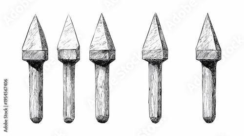 Hand-drawn illustration of five spikes in various shades of grey, on a stark white background