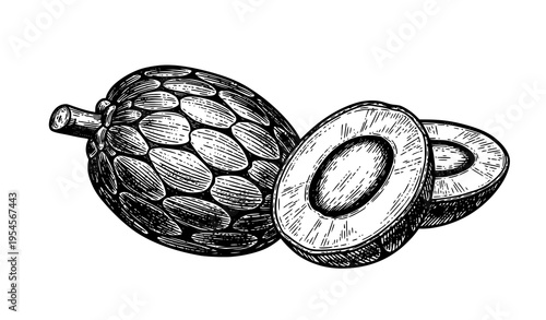Antique Sugar Palm Fruit Engraving with Artistic Whole and Cross Section Borassus Flabellifer Vector Illustration