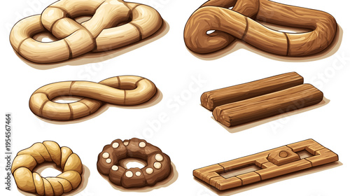 Pixelated artwork depicting various wooden objects. Includes pretzels, logs, rings and a rectangular frame