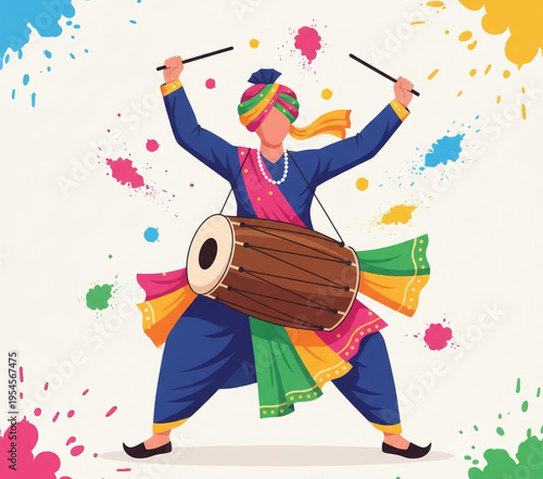 Vibrant Indian man in traditional attire playing the dhol drum with colorful splashes celebrating a festival