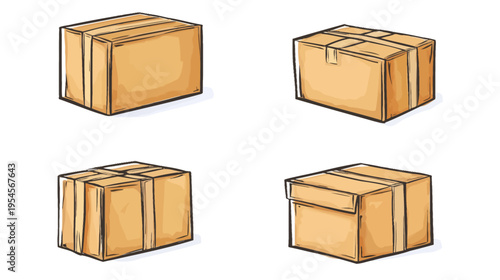 Four hand-drawn illustrations of brown cardboard boxes. Different angles, taped and untaped. Isolated