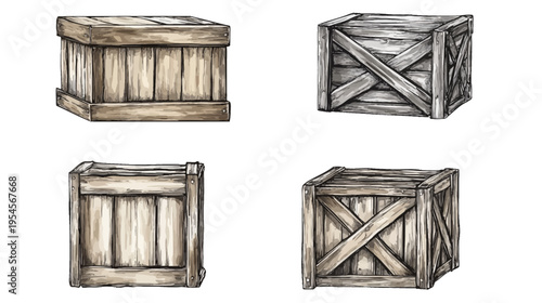 Four hand-drawn illustrations of wooden crates in various positions, ideal for design