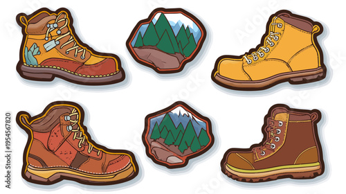 Illustration of hiking boots with mountain scenes, featuring varied textures, colors, and detailed designs