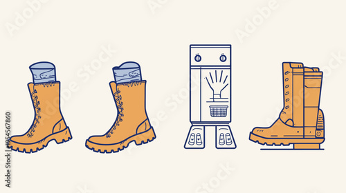 A collection of illustrated work boots and a washing machine in an orange and blue color scheme