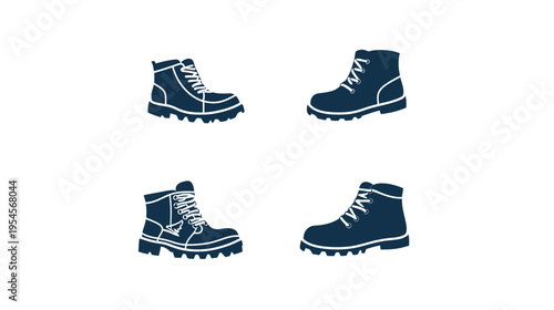 Four dark blue, side-view illustrations of hiking or work boots, each in a different style