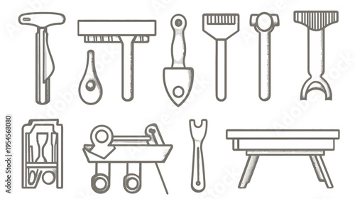 Monochrome illustration of gardening and outdoor tools in a simple, flat design style