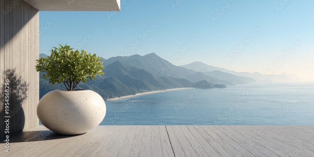 Obraz premium Serene Coastal View from Modern Terrace with Potted Plant Overlooking Mountains and Ocean Under Clear Sky, Perfect for Relaxation and Inspiration