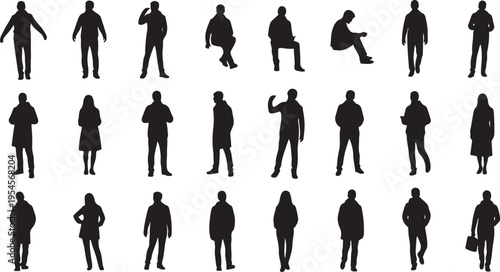 Collection of various human silhouettes in different poses standing
