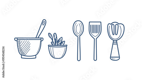 Collection of kitchen utensils, herbs in a bowl, pot, spoon, and spatula in a minimalist, outline style