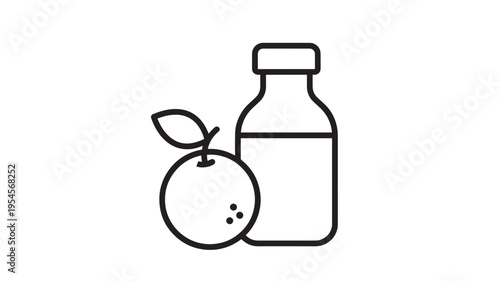 Bottle with orange icon with leaf and dots, representing juice or liquid refreshment. featuring fruit, drink, symbol with natural and organic
