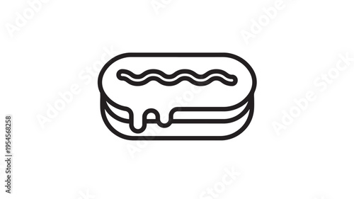 Eclair pastry icon with dripping chocolate glaze, minimalist line art style for sweet treats featuring dessert, cream, baking with food and simple