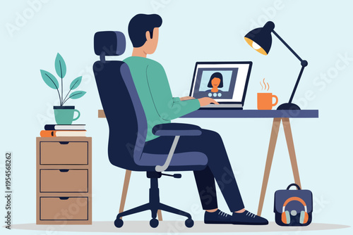 Man having a video call while working from home at his desk